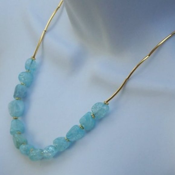 Handmade Necklace With Blue Quartz Free From Stones and Gold Plated Brass Tubes - Picture 1 of 16